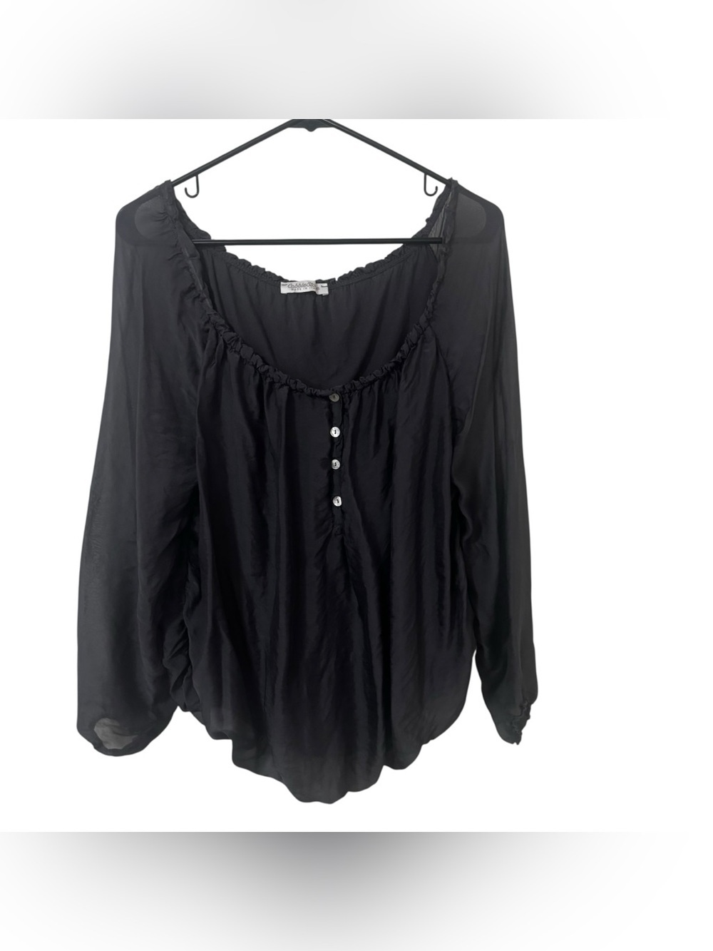 Cobblestone dark gray sheer sleeve long sleeve off shoulder blouse